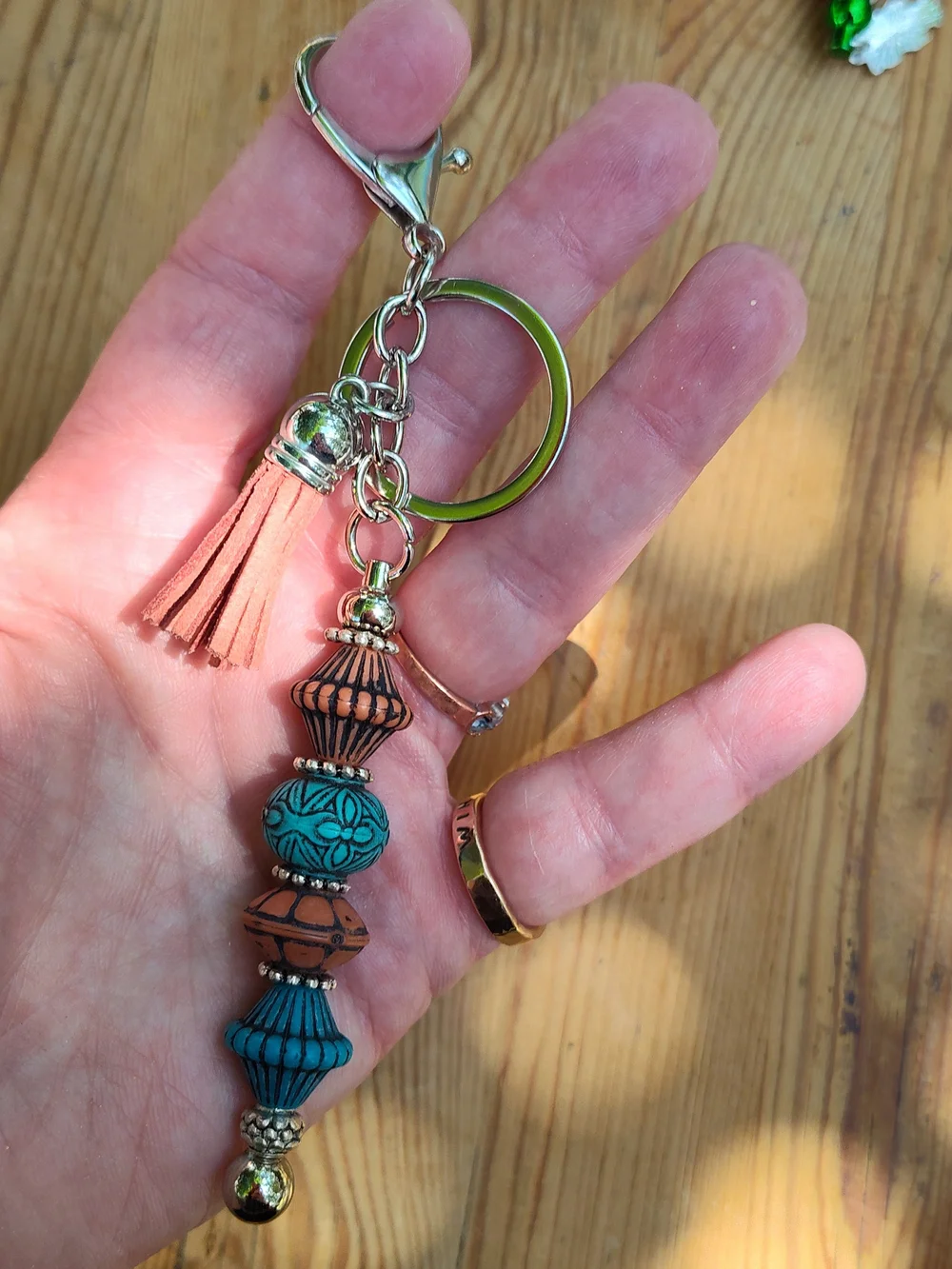 Beaded Tassel Keychain - Teal & Rust